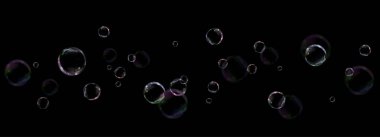  iridescent bubble floating mid-air against a black background, reflecting vibrant colors and light effects. Transparent, textured, and dynamic, capturing motion, beauty, and playful energy