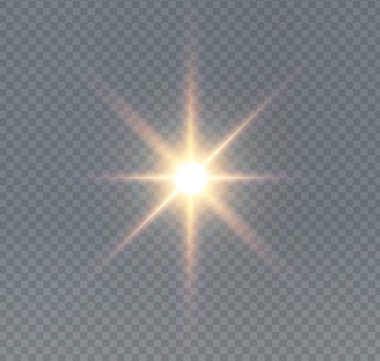 Golden light star on a black background stock illustration.