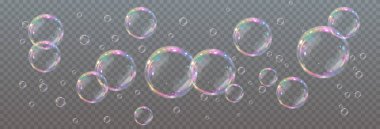 Su ve cam baloncuk efektleri de dahil olmak üzere saydam bir zemin üzerinde yüzen gerçekçi sabun baloncuklarının stok vektör çizimi.