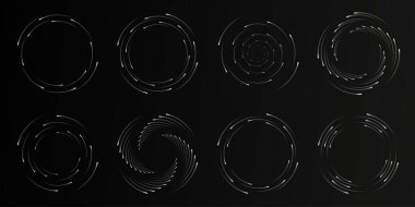 set of circular speed lines in halftone dot style. Abstract geometric rings with rotating radial lines. Ideal design element for logos, prints, templates, or posters. Vector stock illustration.
