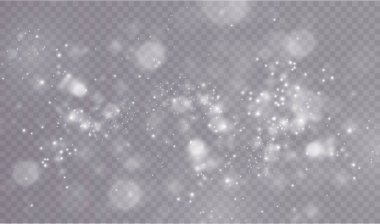 White dust light with bokeh effect. Christmas background featuring glowing dust, festive light bokeh, confetti, and sparkling overlay texture perfect for your design. Stock illustration.