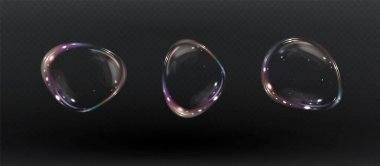 collection of lifelike soap bubbles displayed on a transparent background. Features vector-style flying bubbles resembling water and glass, ideal for stock illustrations. 