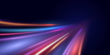 Purple high-speed light trails creating a dynamic visual effect, symbolizing fast data transfer, traffic time-lapse, and blurred motion in a stock illustration.