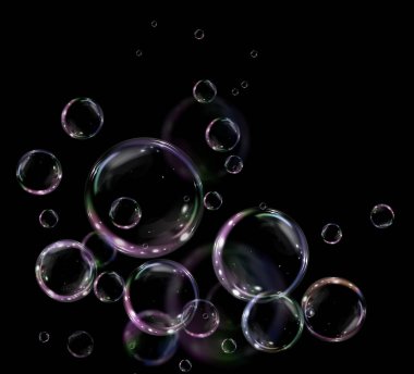 collection of realistic soap bubbles floating on a transparent background. A vector illustration featuring delicate, glass-like bubbles suspended in midair.