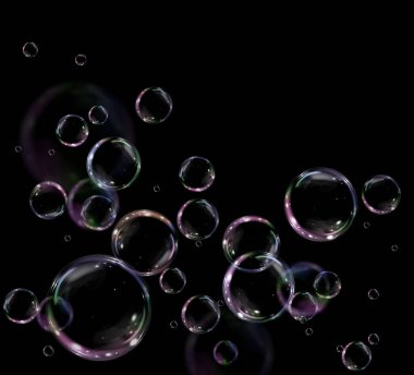 collection of realistic soap bubbles floating on a transparent background. A vector illustration featuring delicate, glass-like bubbles suspended in midair.