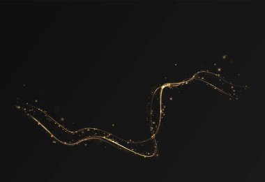 Golden shimmering waves with glowing light effects, isolated on black background. Elegant abstract vector stock illustration