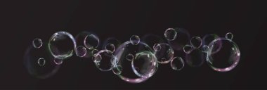  iridescent bubble floating mid-air against a black background, reflecting vibrant colors and light effects. Transparent, textured, and dynamic, capturing motion, beauty, and playful energy