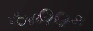  iridescent bubble floating mid-air against a black background, reflecting vibrant colors and light effects. Transparent, textured, and dynamic, capturing motion, beauty, and playful energy