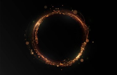 Parıldayan parçacıklar ve parlak bir ışık halkası. Yılbaşı ve yeni yıl arkaplanında soyut ışıltılı bir konfeti çerçevesi ve büyülü bir parıltı var.