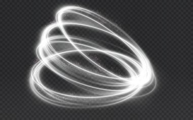 White glowing lines with a radiant light flare. Shimmering speed trails and light streak effects. Stock illustration.
