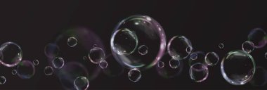  iridescent bubble floating mid-air against a black background, reflecting vibrant colors and light effects. Transparent, textured, and dynamic, capturing motion, beauty, and playful energy