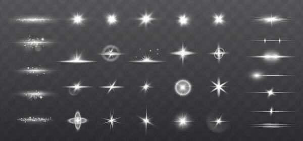 Stock illustration of a white glowing light burst with rays and a bright central flash, isolated on a transparent background.