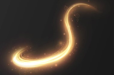 Golden spiral with a luminous light effect. Radiant vortex lines on a transparent background. Stock illustration.