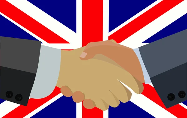 Estrechando las manos sobre un fondo de la bandera de Gran Bretaña — Vector de stock