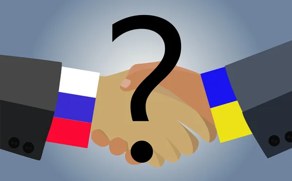 Imagen de un apretón de manos entre los dos países Ucrania y Rusia con un signo de interrogación en primer plano . — Archivo Imágenes Vectoriales