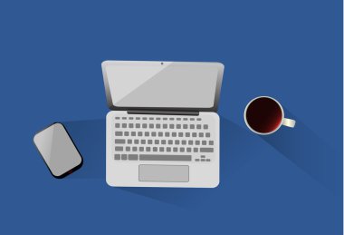 Dizüstü bilgisayar, bir fincan kahve ve cep telefonu mavi bir arka plan üzerinde görünümü top