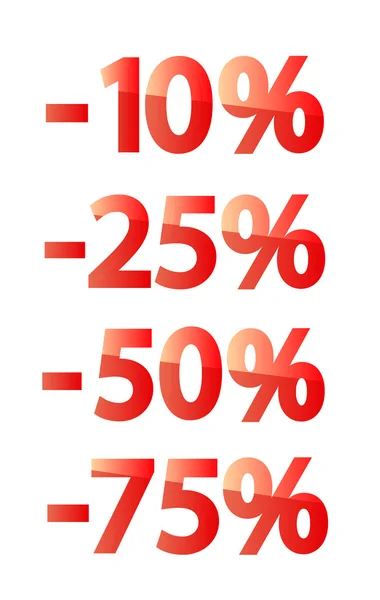 Zestaw czerwone znaczniki procent sprzedaży i rabatów z Minus prefiks. Liczby dziesięć, dwadzieścia pięć, pięćdziesiąt, siedemdziesiąt pięć — Wektor stockowy
