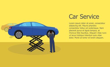 Otomatik mekanik işlem onarım arabada. Mavi binek otomobil ve makinist metin alanı ile sarı bir arka plan üzerinde. Kaportacı tarzında düz bir
