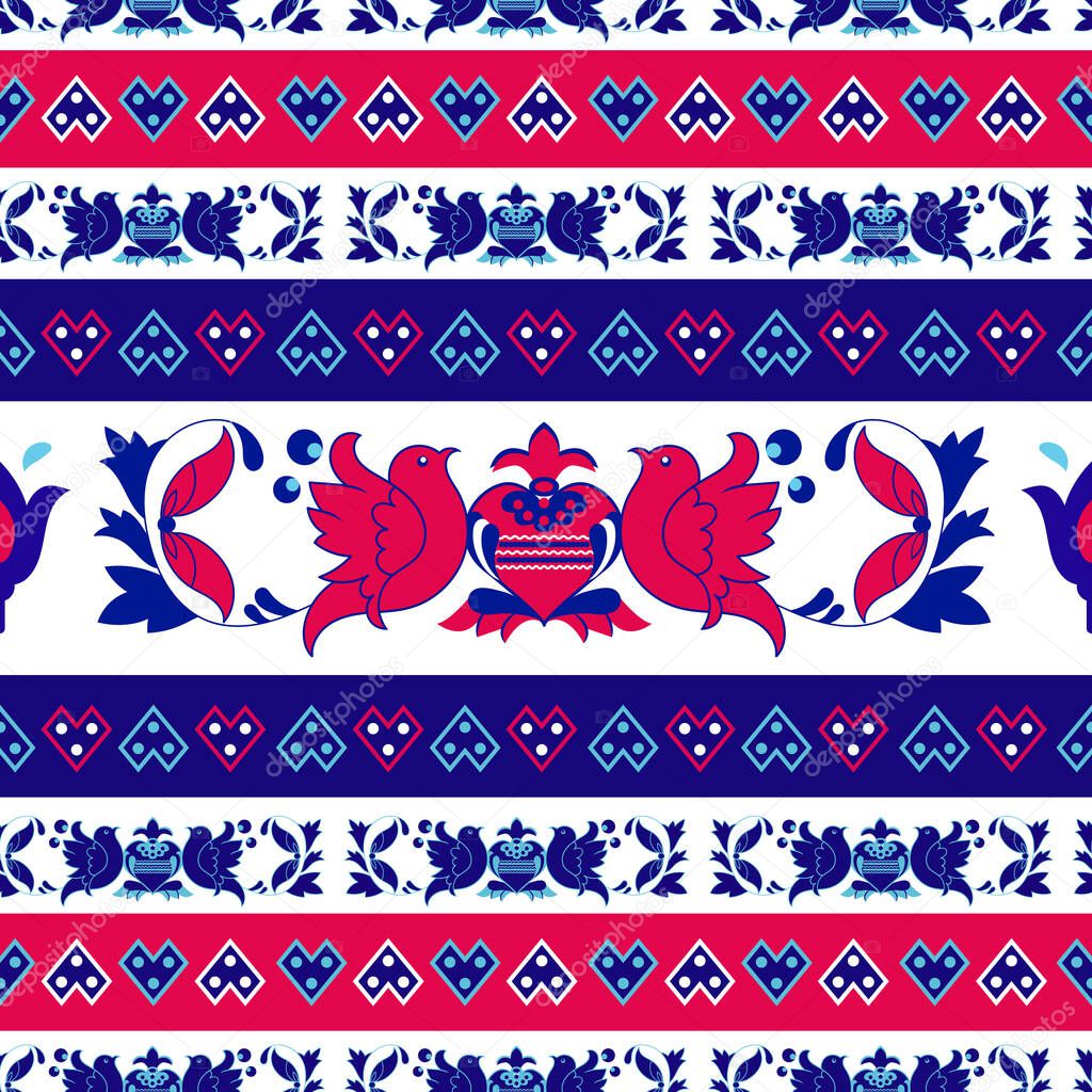 A Vector Seamless European, Folk, Etno, Vintage Pattern with the Ornamental Decoration with Colorful Flowers, Birds and Famous Slovakian Decor from the Small Village Cicmany. 