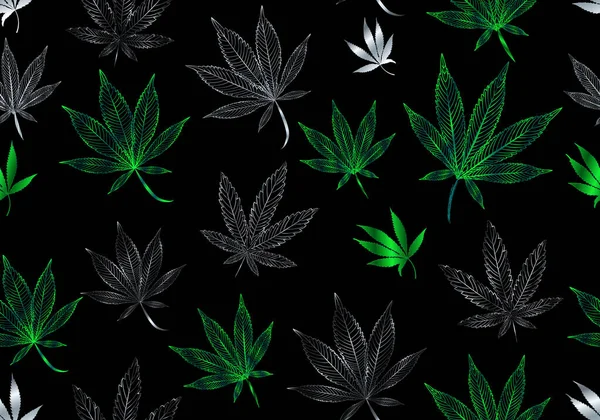 Vector Seamless Metalic Silver Neon Green Marihuana Pattern Hand Pointed — 스톡 벡터