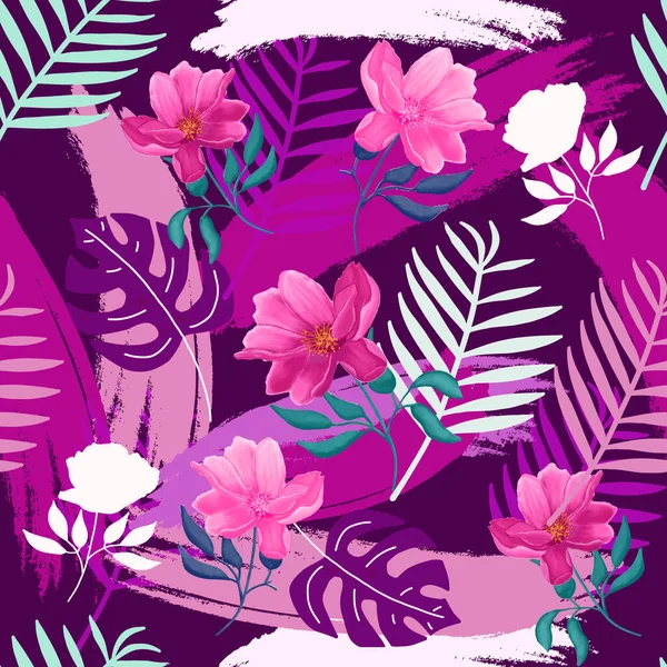 Vektor Bezešvé Krásné Barevné Tropické Monstrum Palmové Listy Květiny Fialovém — Stockový vektor
