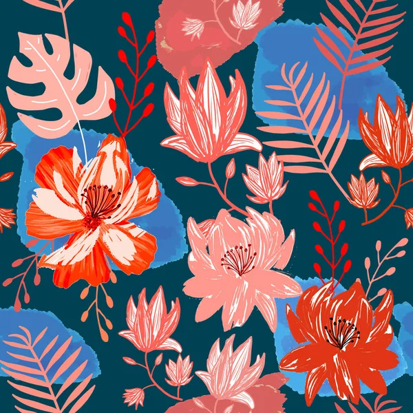 Векторное Беззвучное Современное Красочное Живое Тропические Цветы Монстера Пальмовые Листья — стоковый вектор