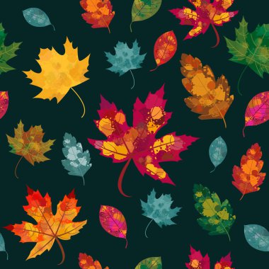 Bir Vektör Sonbahar Suluboya Deseni. Renkli, canlı bir el çizilmiş sonbahar, yeşil bir arka planda sonbahar yaprakları. Kumaşlar, ambalaj kağıdı, ambalaj kağıdı, kırtasiye, baskılar, reklamlar, afişler için kullanışlı.