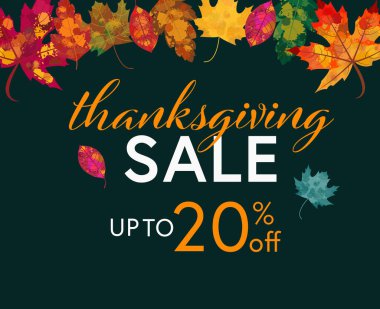  Şükran Günü İndirim Bayrağı. Renkli, suluboya efektli el yapımı yapraklar.