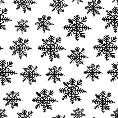 Vektör pürüzsüz desen, beyaz zemin üzerinde minimalist siyah kar tanesi, basit desen, farklı boyutlar, beyaz arkaplan.