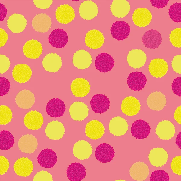 Векторный безморщинистый узор, пом пом пом, бобл, желтый и розовый на трехмерном розовом. Повторяющийся шаблон. — стоковый вектор