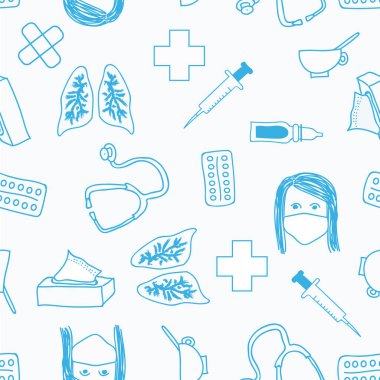 Vektörsüz kalıp, koronavirüs konusu, maskeli yüz, haplar, haç, ciğerler, çay, sthoskop,