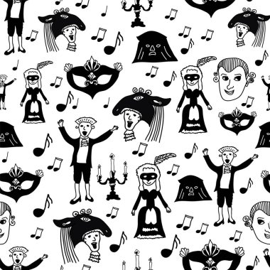 Kusursuz şablon, Mozart elementleri, barok kadın, Mozart portresi, karnaval maskesi, beyaz arkaplan üzerine notalar..
