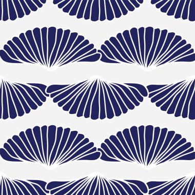Vektör pürüzsüz desen, koyu mavi sanat deco fanı ya da beyaz arkaplanda beyaz çizgileri olan mavi kabuk. Art deco donanma arkaplanı.