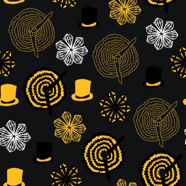 Kankan dansçısı ve şapkalı kusursuz desen, altın desenli, yirmili yaşlarda, Vektör çizimi. Siyah arka plan. 1920