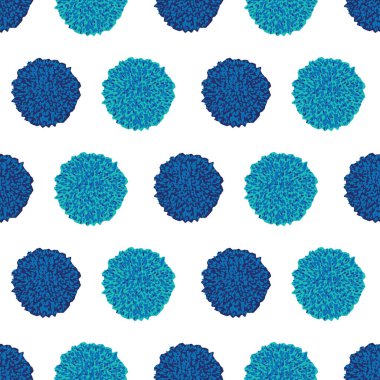 Vektörsüz desen, pon pon, salla, beyaz arka planda iki farklı mavi tonda noktalar. Tekrar eden düzen. Düzenli vektör boho deseni.