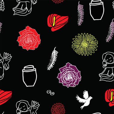 Vefat ediyor, RIP ve cenaze geçmişi kusursuz. Koruyucu meleğin silueti, kazkin, tüy, güller açan semboller ve anthurium. Vektör illüstrasyonu