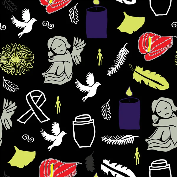 Décès, RIP et fond funéraire motif sans couture. caskin, croix, symboles comme ange du cimetière, départ de gingko, coeur, anturie, pleurnicheur. Illustration vectorielle — Image vectorielle