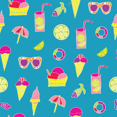Dondurma, limon, güneş gözlüğü, balık, limonata vektörü gibi klasik el yazıları mavi arka planda tekrarlanıyor.