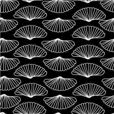 Vektör desensiz beyaz kabuklar sanat deco tarzı, siyah arkaplanda ana hatlar.