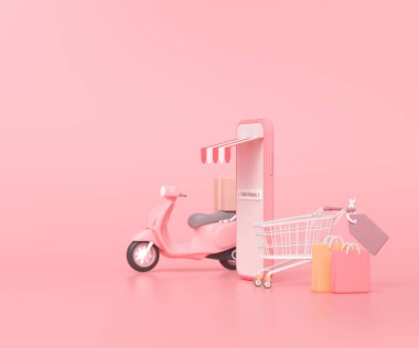 3D Çevrimiçi Ekspres Teslimat Servisi konsepti scooter, kurye kamyoneti, Sevkiyat, Çevrimiçi Nakliye Servisi ile hızlı teslimat. 3d illüstrasyon