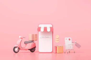 3D Çevrimiçi Ekspres Teslimat Servisi konsepti scooter, kurye kamyoneti, Sevkiyat, Çevrimiçi Nakliye Servisi ile hızlı teslimat. 3d illüstrasyon