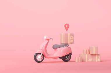 3D Çevrimiçi Ekspres Teslimat Scooter Servisi konsepti scooter, kurye kamyoneti, Sevkiyat, Çevrimiçi Nakliye Servisi ile hızlı ulaşım. 3d illüstrasyon