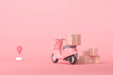 3D Çevrimiçi Ekspres Teslimat Scooter Servisi konsepti scooter, kurye kamyoneti, Sevkiyat, Çevrimiçi Nakliye Servisi ile hızlı ulaşım. 3d illüstrasyon