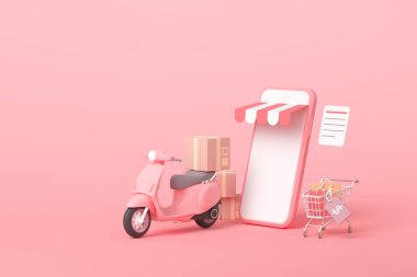 3D Çevrimiçi Ekspres Teslimat Scooter Servisi konsepti scooter, kurye kamyoneti, Sevkiyat, Çevrimiçi Nakliye Servisi ile hızlı ulaşım. 3d illüstrasyon