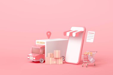 3D Çevrimiçi Ekspres Teslimat Servisi konsepti scooter, kurye kamyoneti, Sevkiyat, Çevrimiçi Nakliye Servisi ile hızlı teslimat. 3d illüstrasyon