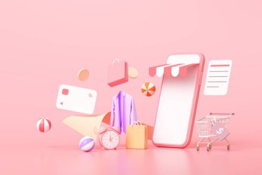 3D Online akıllı telefon konsepti, yüzen alışveriş ürünleri, çevrimiçi satın alma ve çevrimiçi ödeme