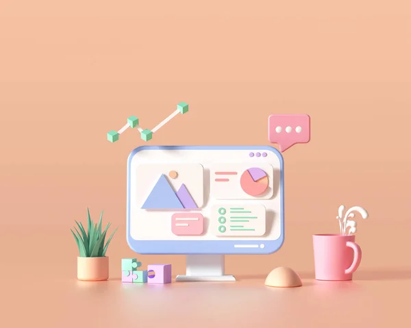 3D SEO optimizasyonu, web analizleri ve seo pazarlama kavramı. 3d resimleme