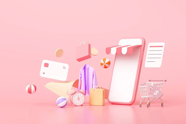3D Online akıllı telefon konsepti, yüzen alışveriş ürünleri, çevrimiçi satın alma ve çevrimiçi ödeme