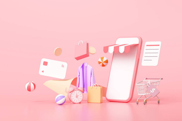 3D онлайн покупки на концепцию смартфона, плавающие покупки пунктов, онлайн покупки, и онлайн-оплаты
