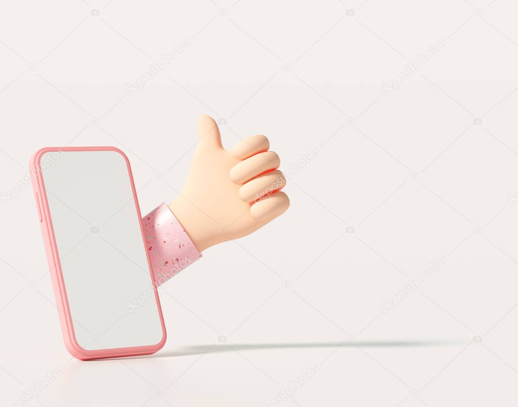 3d creative thumbs up, like it, love on social media by smartphone. 3d rendering illustration